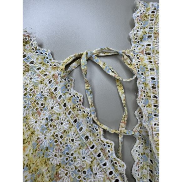 American Eagle Women’s Floral Eyelet Tiered Mini Dress L Yellow Boho Lace Cotton - Picture 14 of 15